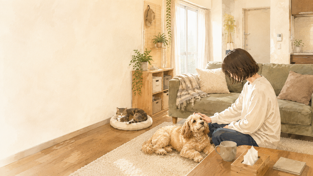 室内で犬と猫と過ごす飼い主のイラスト
